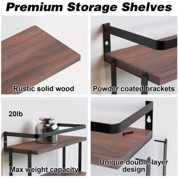 2+1 Tier Wall Mounted Floating Shelves Set of 2, Rustic Wood Wall Shelf - Picture 5 of 6